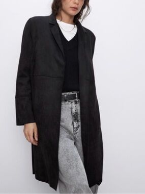 ZARA SUEDE FAKE LEATHER BLACK COAT